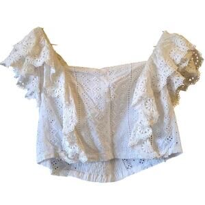 Altar'd State White Eyelet Ruffle Sleeve Crop Top Boho Smocked Back Large Cotton